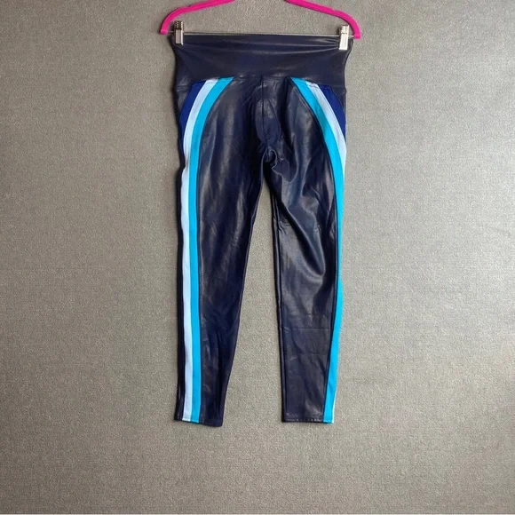 SPANX Faux Leather Navy/Cool Blue Track Stripe Leggings Size L - Picture 3 of 7